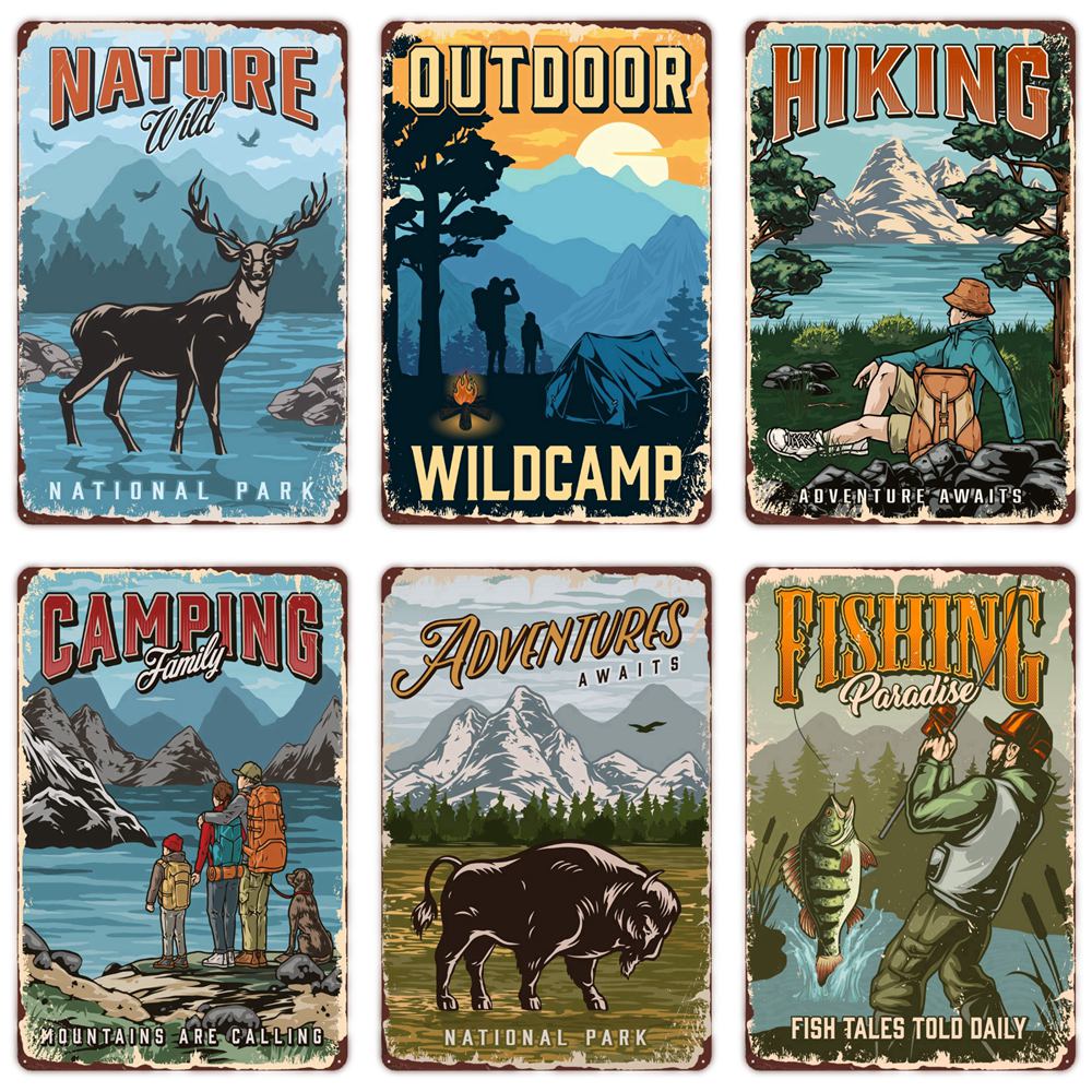 Outdoor Adventure Club - Kamp Ailesi Metal Tabelası, Balıkçılık Vintage